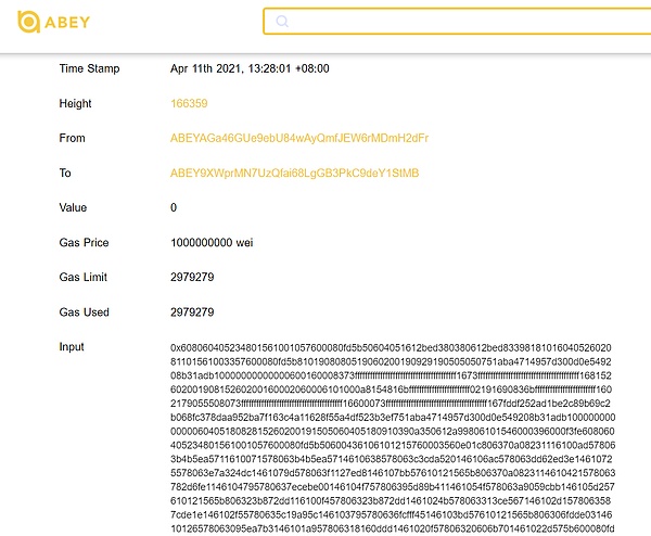 0 | abeychain出现了第一个合约