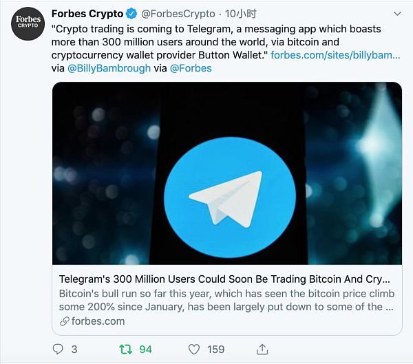 3亿Telegram用户将能交易比特币 Tether正在堵塞以太坊网络 | Fun Twitter