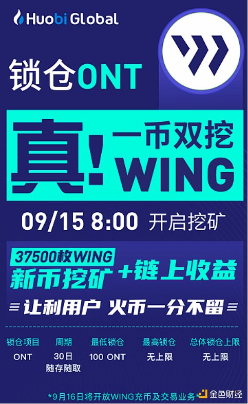 火币即将上线并开启WING新币挖矿 锁仓ONT可享双挖年化奖励